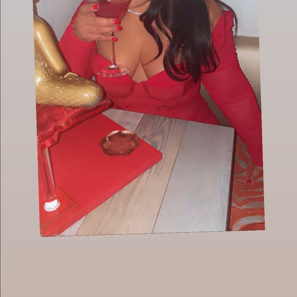 Puff Long Sleeve Red Ruched Dress. Size Large - Picture 9 of 9